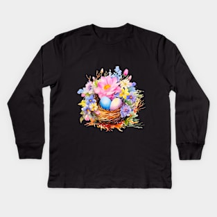 Nest of bird with eggs and flowers Kids Long Sleeve T-Shirt